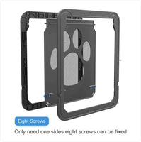 Exploded view of Pet-Safe Anti-Chew Screen Door showing ABS frame and eight-screw installation for secure, pet-proof mounting.