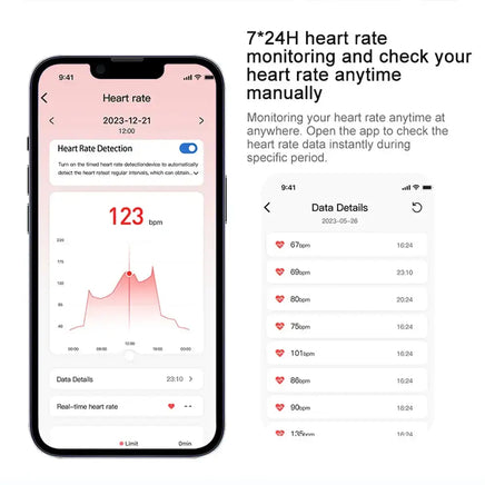 Health tracker app interface showing 24/7 heart rate monitoring and real-time data analysis.