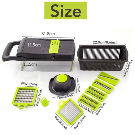 Black 8-in-1 kitchen slicer with dimensions and blade details, showcasing its versatility for slicing and dicing vegetables.