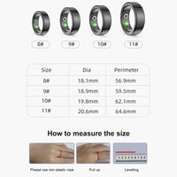 Size guide for the multifunctional health tracker ring with measurements and fitting instructions.