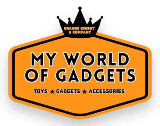 A colorful logo forMy World of Gadgets" featuring bold orange and black design elements, highlighting toys, gadgets, and accessories.
