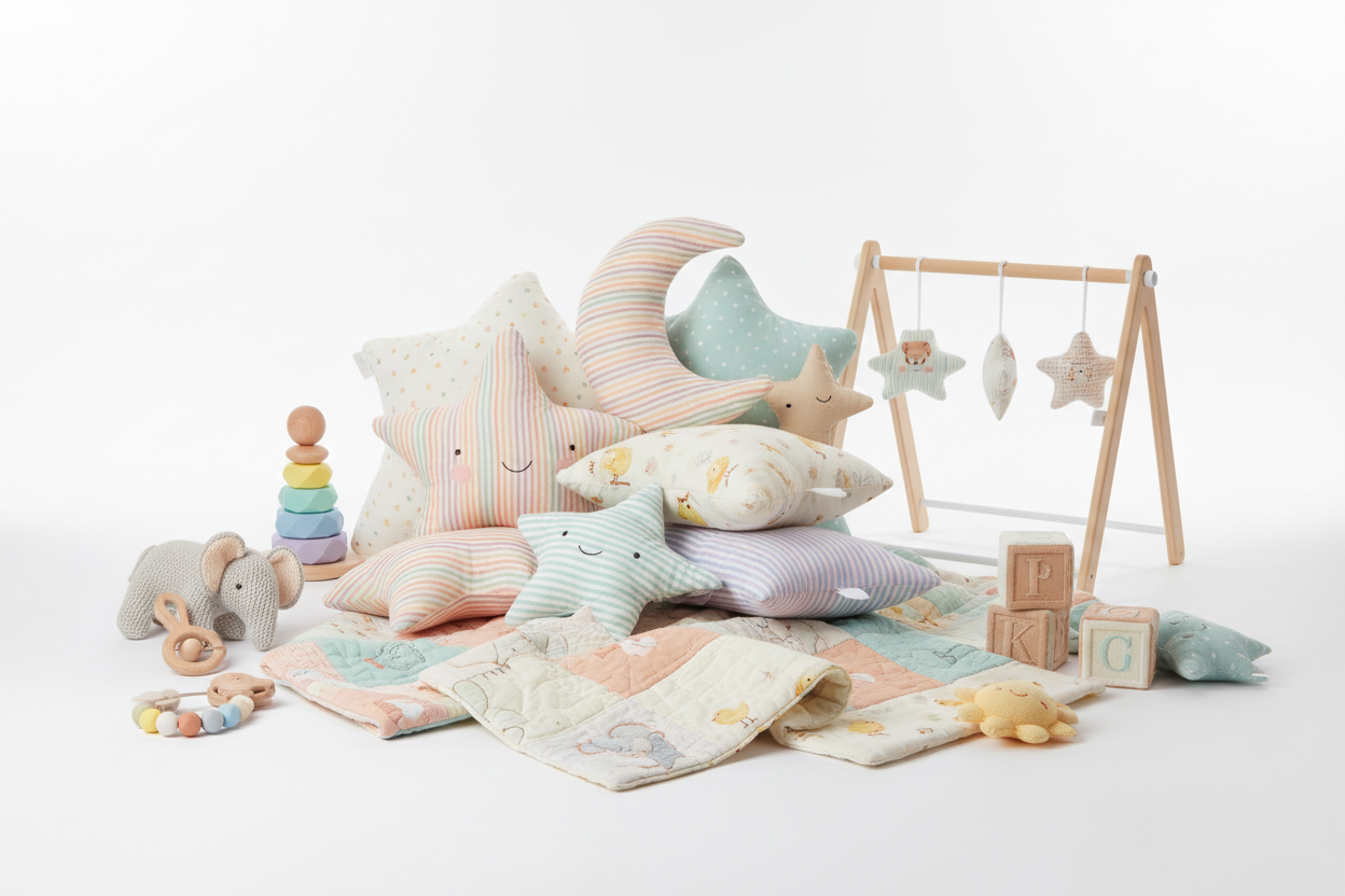 Soft pastel-colored baby toys and activity gear, including plush star and moon pillows, wooden stacking toys, and hanging fabric stars for sensory play.