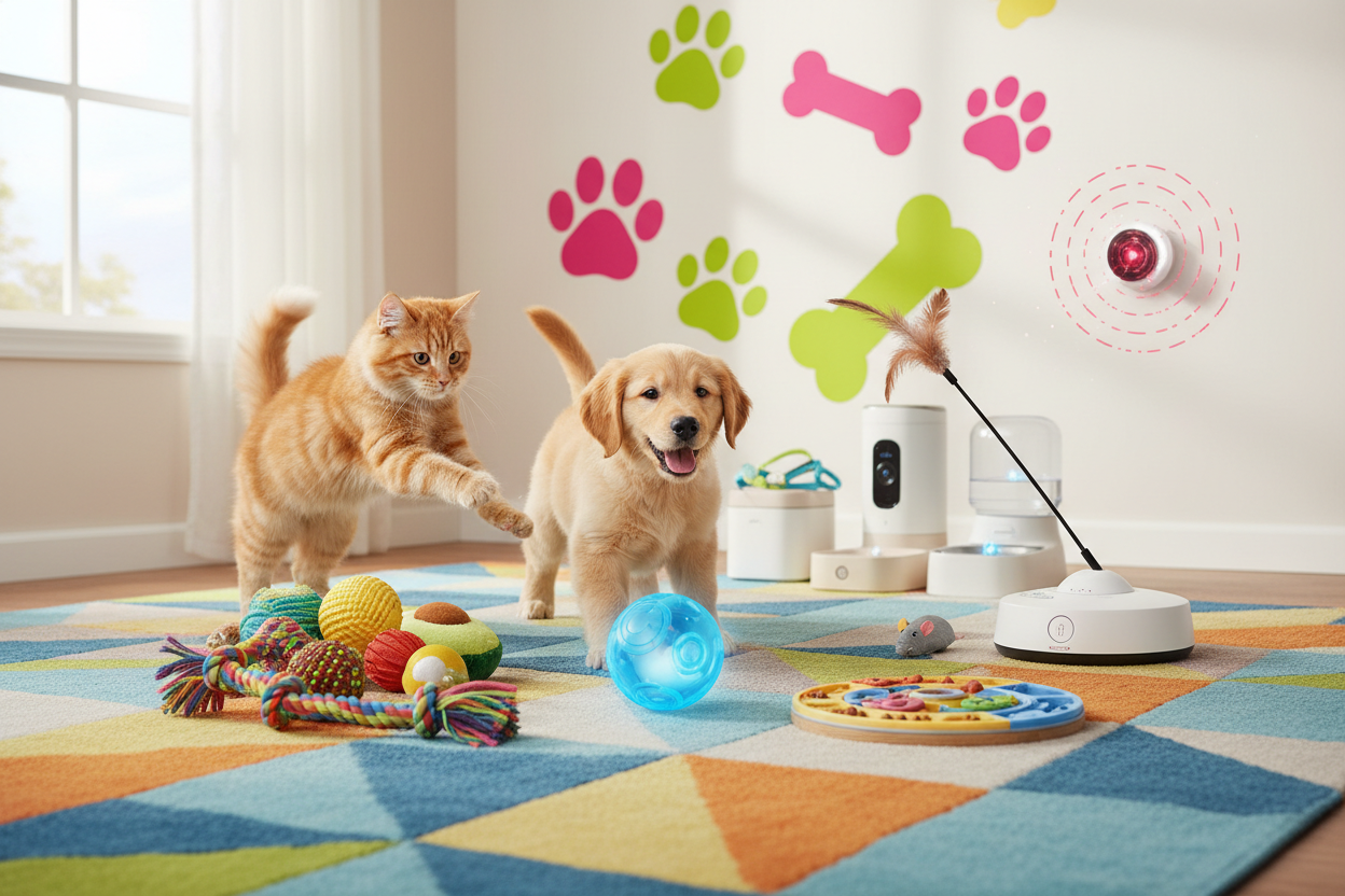 Brightly colored pet toys and interactive gadgets for dogs and cats, including laser toys, plush balls, and chew toys, designed to entertain and stimulate pets.
