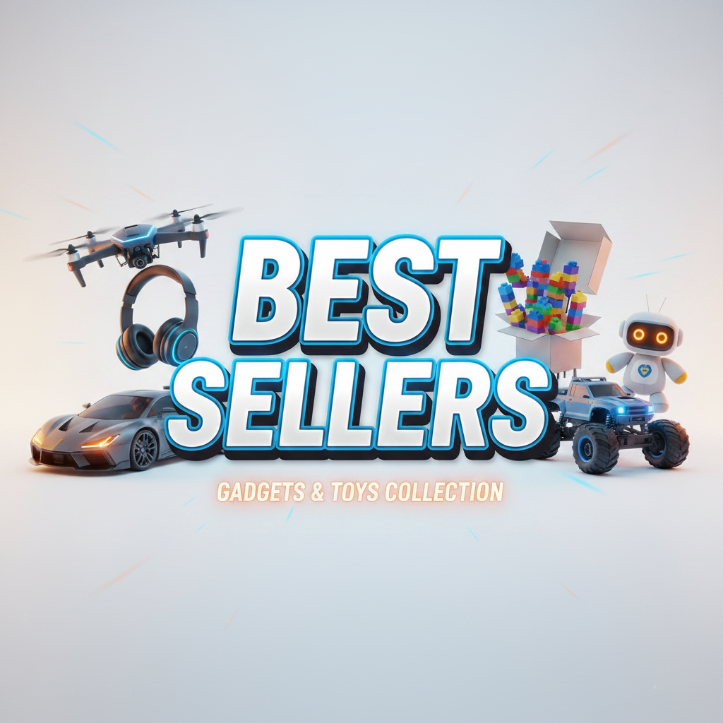 Bright collection banner showcasing top-selling gadgets and toys including a luxury sports car, drone, headphones, LEGO box, robot, and remote-controlled vehicle, targeting kids and tech enthusiasts.