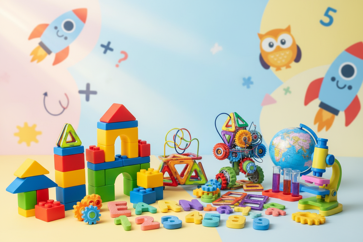Colorful educational toys including building blocks, geometric shape puzzles, a globe, and science kits designed for children's learning and development.