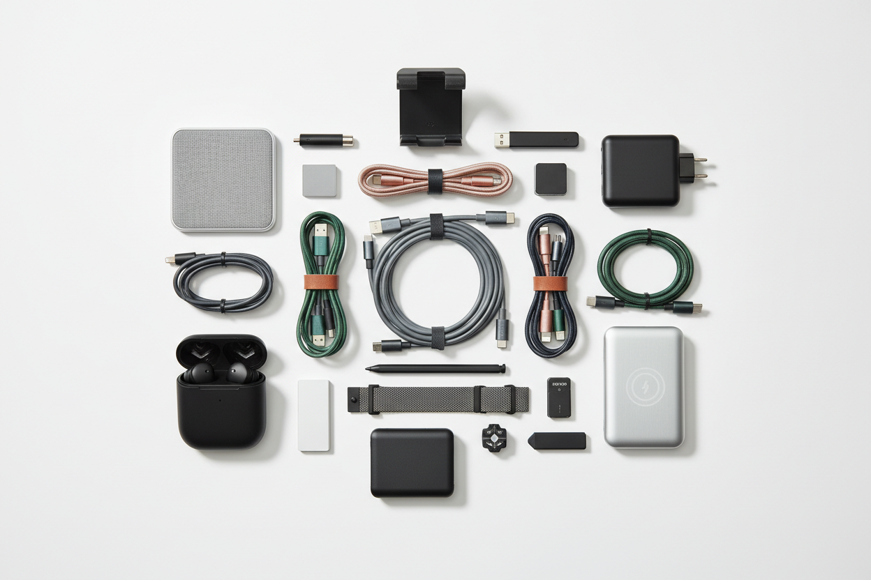 A collection of various electronics accessories including charging cables, adapters, wireless earbuds, power banks, and portable storage devices, ideal for tech enthusiasts and device users.