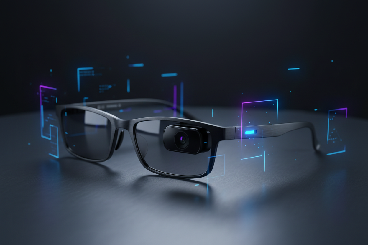 A sleek pair of smart glasses with integrated camera technology, surrounded by digital holographic interface elements, highlighting wearable tech innovation for augmented reality and enhanced connectivity.