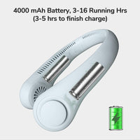 Mini Bladeless Neck Fan Outdoor with 4000mAh battery exposed, indicating 3–16 hours of runtime and fast USB charging for long-lasting use.