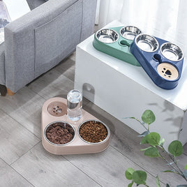 Multiple 3in1 Pet Food Bowls in green, blue, and pink shown in a home setting, offering tidy and organized feeding for pets.