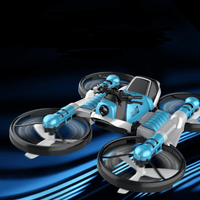 Blue transforming drone flying over water with aerial features