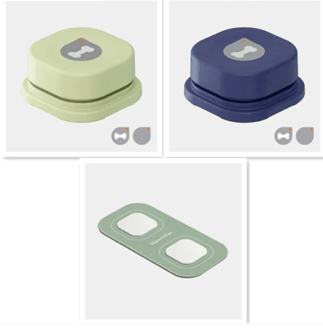 Dark blue 4-in-1 pet chatter button with gray bone icon for dog communication, durable plastic, compact size, SKU: AHRUIC1