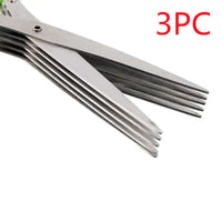 Multifunctional green onion scissors with stainless steel blades labeled '3PC,' ideal for efficient herb and spice cutting.