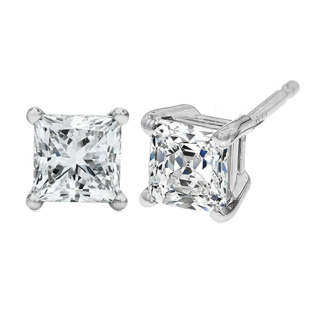 14K white gold princess cut lab-grown diamond solitaire stud earrings with F-G color and VS2-SI1 clarity, elegant and timeless design.