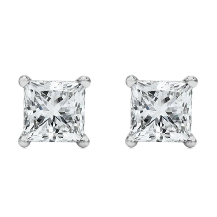 Front-facing view of 14K white gold princess cut lab-grown diamond stud earrings with a classic and timeless design.