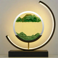 3D Quicksand Table Lamp with mesmerizing green quicksand design, circular frame, and warm LED lighting on a sleek black base.