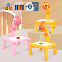 Kids Mini Art Table Set featuring pink and yellow giraffe-shaped projectors with drawing surfaces, markers, and stencil discs for creative play.