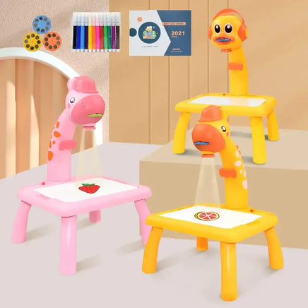 Kids Mini Art Table Set featuring pink and yellow giraffe-shaped projectors with drawing surfaces, markers, and stencil discs for creative play.