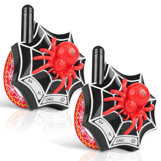 Walkie Talkies for Kids with spider web design and red 3D spider, featuring clear sound and two-way radio for outdoor play, ideal for ages 3-12.