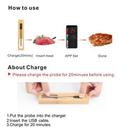 Step-by-step guide on using the Wireless Kitchen Thermometer, including USB charging, meat insertion, app setup, and cooking completion.