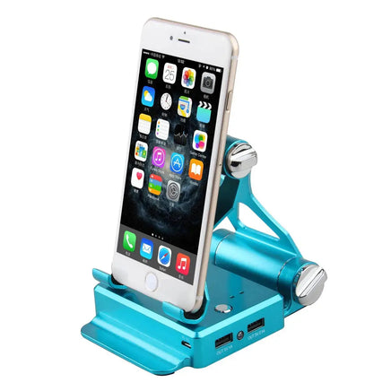 Blue podium style stand holding a smartphone, highlighting its compact design, USB ports, and adjustable angles.