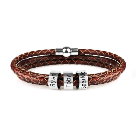 Personalized Mens Braided Genuine Leather Bracelet Stainless Steel Custom Beads Name Charm Bracelet For Men With Family Names | ORANGE KNIGHT & CO.