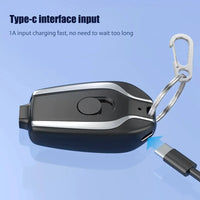 1500mAh emergency power bank with Type-C interface input, highlighting fast 1A charging and a keyring attachment.