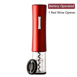 Battery-operated red electric wine opener with foil cutter, ideal for effortless wine bottle opening in modern kitchens.