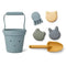 Children's summer beach toy set with a blue bucket featuring a cute animal face, matching shovel, and animal-shaped sand molds for seaside fun.