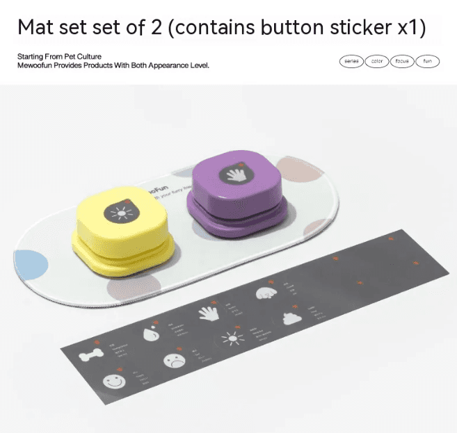 Two-piece pet chatter button set with yellow and purple buttons on a white base, featuring sticker labels for dog communication, playful design.