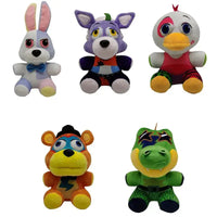 Set of five NAF plush toys with vibrant designs, including a rabbit, dog, bird, bear, and alligator.