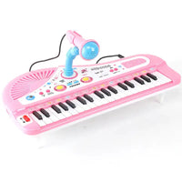 Close-up of pink 37-key electronic piano toy with microphone, highlighting its compact design and colorful interface for kids