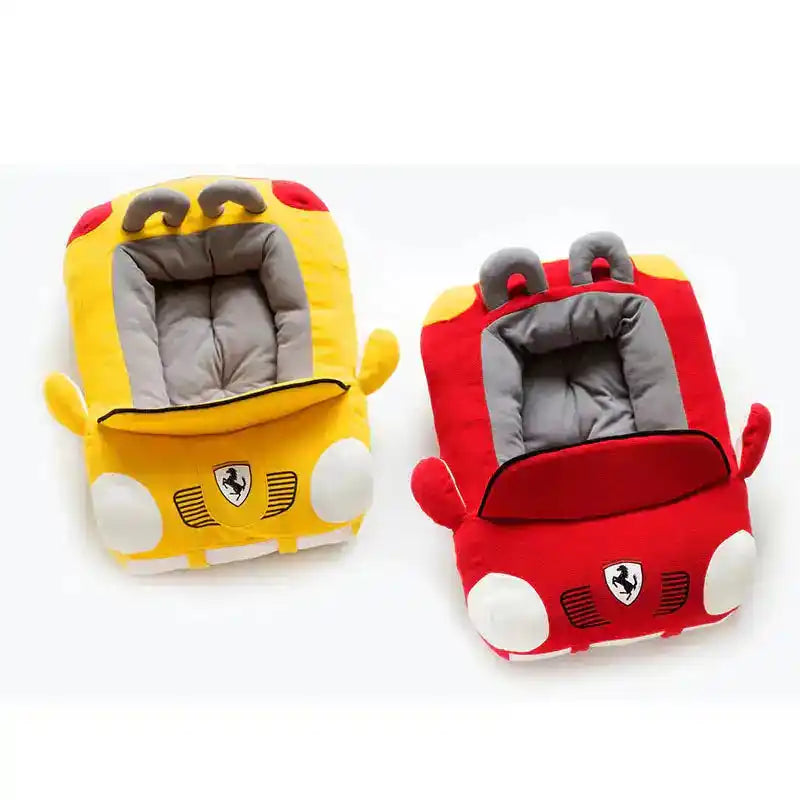 Car Pet Nest in yellow shaped like a sports car with plush cushioning, offering comfort and security for pets during travel.