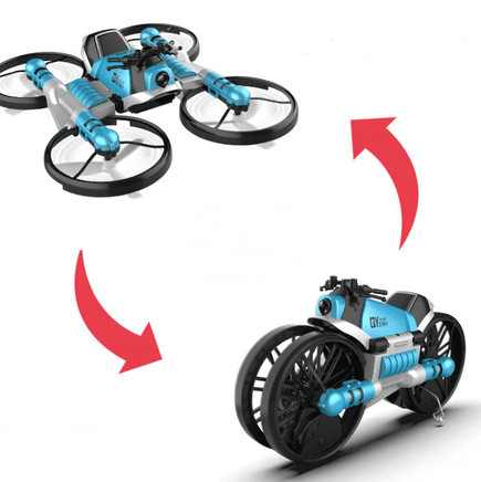 Blue transforming motorcycle drone with dual-mode remote control