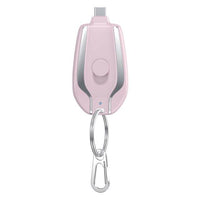 Compact pink 1500mAh emergency power bank with Type-C plug and keyring, perfect for emergency mobile charging.