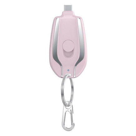 Compact pink 1500mAh emergency power bank with Type-C plug and keyring, perfect for emergency mobile charging.