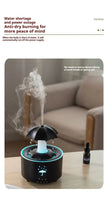 Black Raindrop Aromatherapy Humidifier emitting mist, with anti-dry burning protection for safe and continuous operation.