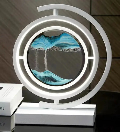 3D Quicksand Table Lamp with blue sand art and white LED frame, offering a calming and artistic lighting solution.