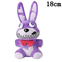 Purple rabbit NAF plush toy with a red bow tie and stitched smile, ideal for fans of whimsical designs, 18cm tall.