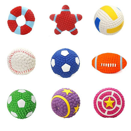 Set of nine colorful squeaky dog toys in various shapes, including balls, stars, and rings. Perfect pet gift collection from Shop Name.