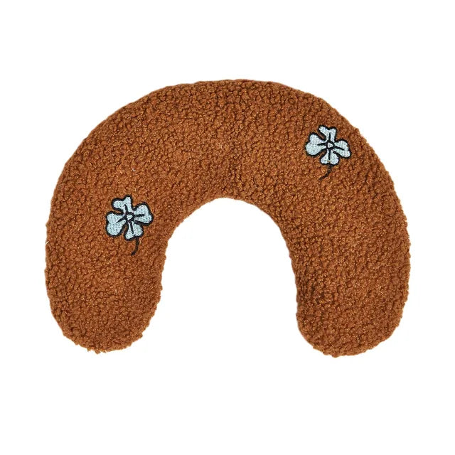 Brown plush pet pillow with blue flower embroidery