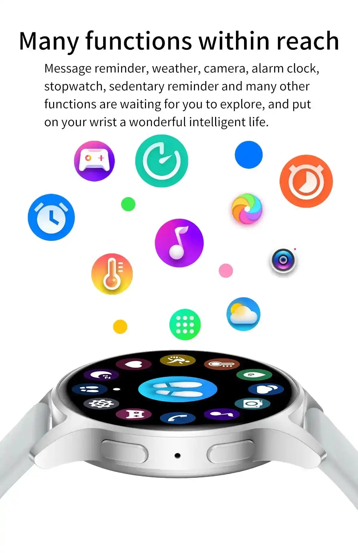 Smart bracelet showcasing multiple app icons for features like weather, camera, and fitness tracking, emphasizing multifunctionality.