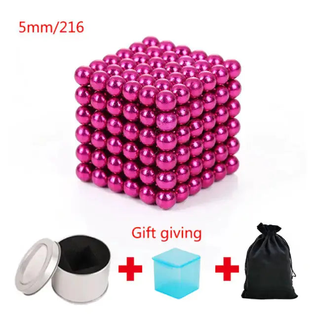 Pink magnetic metal balls in a 5mm cube set of 216 pieces, with a storage tin, gift box, and pouch included.