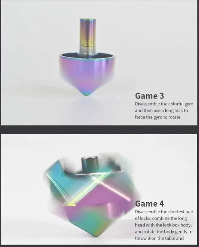 Rainbow-colored spinning top from a fidget spinner set, demonstrating its detachable and rotatable components for stress relief.