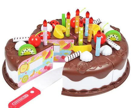 Chocolate-themed cake toy for kids featuring fruit toppings, candles, and a knife for interactive pretend play.