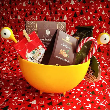 OTOTO Draining Basket for Kitchen used as a festive gift basket, showcasing its multifunctional and fun design for holiday kitchen decor.