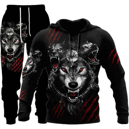 3D Wolf Print Tracksuit Men Sportswear Hooded Sweatsuit Two Piece Outdoors Running Fitness Mens Clothing Jogging Set - ORANGE KNIGHT & CO.