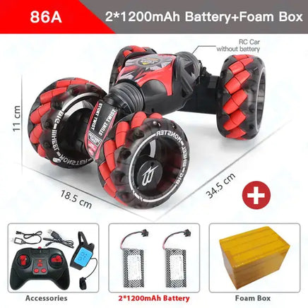 Red RC stunt car with two 1200mAh batteries and accessories, detailing its dimensions and packaging.