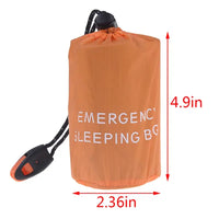 Compact orange waterproof reusable emergency sleeping bag with dimensions 4.9in x 2.36in, featuring a drawstring and clip for portability.