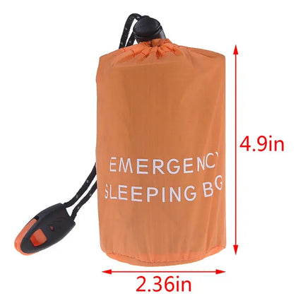 Compact orange waterproof reusable emergency sleeping bag with dimensions 4.9in x 2.36in, featuring a drawstring and clip for portability.