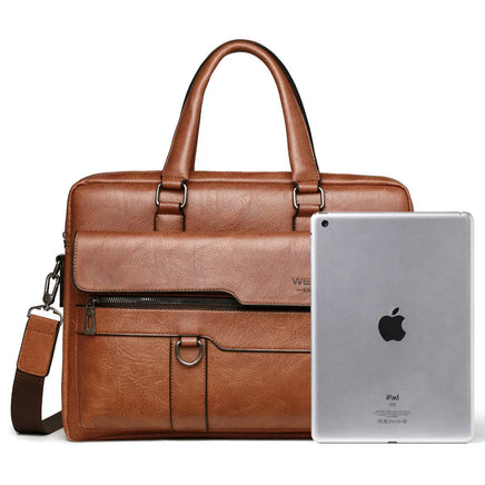 Brown men briefcase bag shown with an iPad for size comparison, highlighting its spacious and functional design.